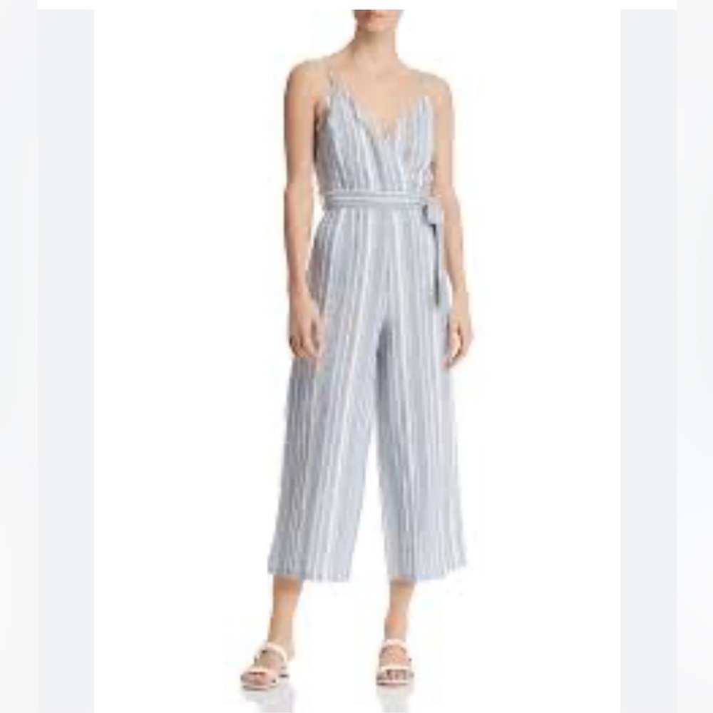 Aqua Navy White Striped Linen Blend Jumpsuit
